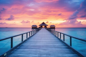 Fototapeta premium Wooden jetty at sunset in tropical island with water bungalows An amazing sunset landscape Picturesque summer sunset , Ai generated