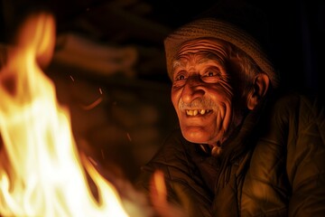 old man near firelight with a mysterious smirk
