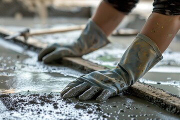 person wearing gloves using a screed to level wet cement - obrazy, fototapety, plakaty