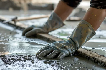 Foto op Aluminium person wearing gloves using a screed to level wet cement © studioworkstock