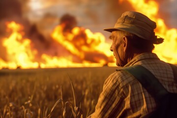 Fototapeta premium farmer with a worried expression watching field fire