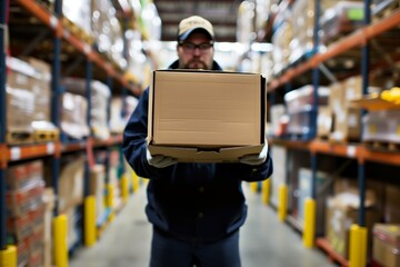 worker holding open box in a busy warehouse aisle
