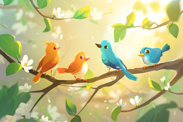 Little funny birds and birds chicks sit among the branches of an apple tree with white flowers in a sunny spring garden