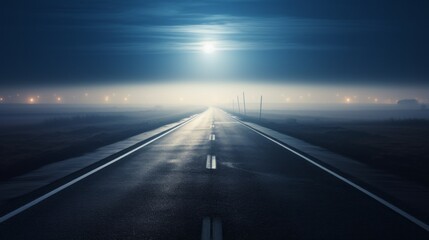 A long road with a bright moon in the sky