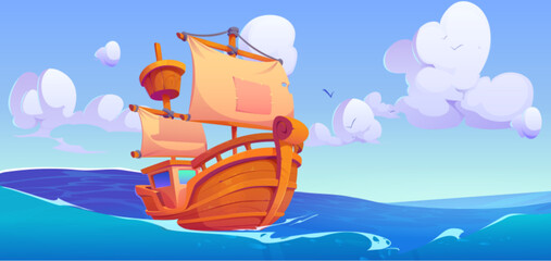 Obraz premium Vintage sailboat with wooden deck and patch on textile masts on sea or ocean waves. Cartoon vector illustration marine landscape with ancient ship. Medieval nautical transport for cruise or fishing.