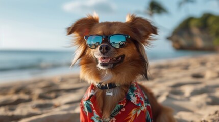Beach Vibes with Stylish Pup in Hawaiian Shirt and Shades - Generative A