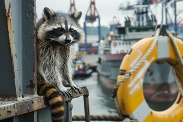 raccoon perched on a tugboats side, busy port background - obrazy, fototapety, plakaty