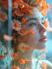 Woman obscured with vibrant orange flowers. A hidden woman standing behind a blur holding a bouquet of vivid orange gerbera flowers