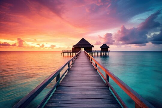 Wooden jetty at sunset in tropical  island with water bungalows An amazing sunset landscape Picturesque summer sunset , Ai generated