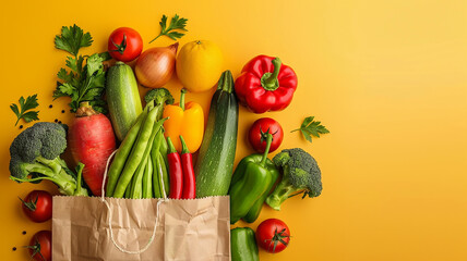 A Paper Bag Filled with Fresh Vegetables on a Yellow Background