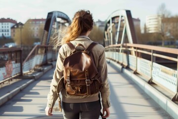 woman with a leather backpack crossing an urban pedestrian bridge