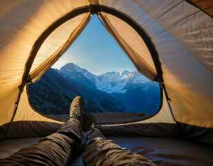 Vue immersive depuis l'intérieur d'une tente de camping ouverte, joli paysage montagneux bleuté en arrière plan 