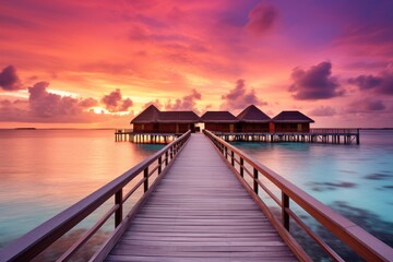 Fototapeta na wymiar Wooden jetty at sunset in tropical island with water bungalows An amazing sunset landscape Picturesque summer sunset , Ai generated