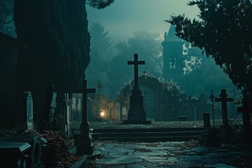 a graveyard with a cross on the top of it - obrazy, fototapety, plakaty