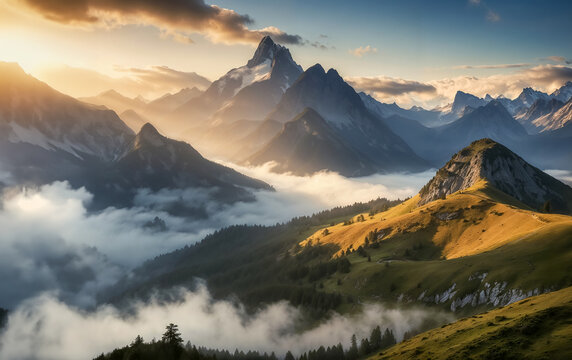 Magnifique paysage de montagnes dans la brume, jolie lumière, matinée ensoleillée