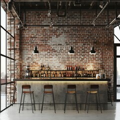 3D Render of a trendy urban bar with exposed brick walls and industrial lighting fixtures, on isolated white background, Generative AI