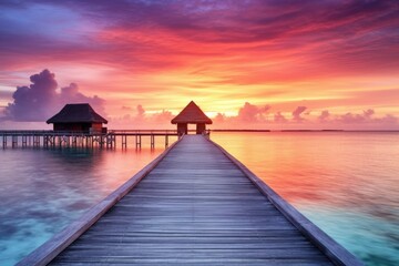Obraz premium Wooden jetty at sunset in tropical island with water bungalows An amazing sunset landscape Picturesque summer sunset , Ai generated