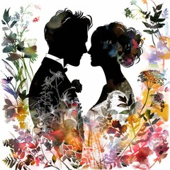 Silhouette of a Scottish bride and groom facing each other floral watercolour clipart white background.