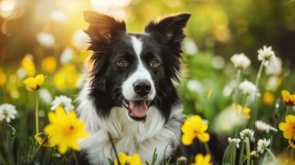 Joyful Border Collie Amidst Spring Blooms Radiating Happiness - Generative AI