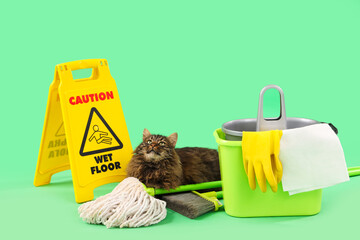 Cute cat with caution sign, mop and bucket lying on green background
