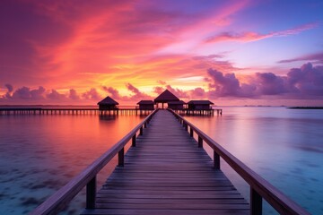 Fototapeta premium Wooden jetty at sunset in tropical island with water bungalows An amazing sunset landscape Picturesque summer sunset , Ai generated