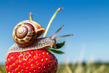 snail on a strawberry against a clear blue sky in an open field - Powered by Adobe