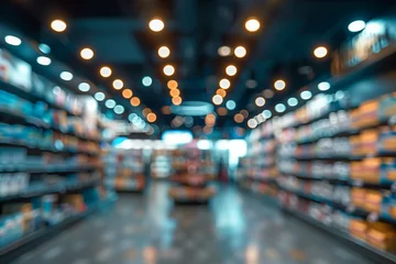 Muurstickers Blurry drugstore interior background with defocused lights,  © fotogurmespb