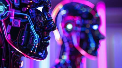 Futuristic robot head with neon lighting