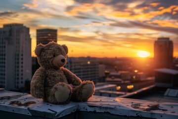 stuffed bear on city rooftop with sunset backdrop - obrazy, fototapety, plakaty