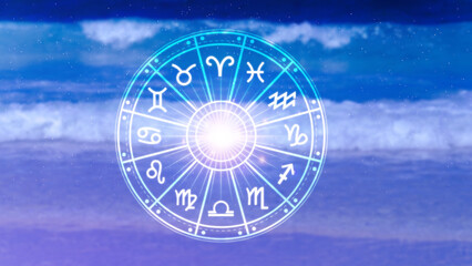 Concept of astrology and horoscope, person inside a zodiac sign wheel, Astrological zodiac signs...