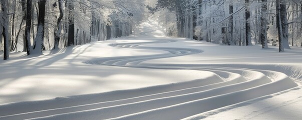 Snow-covered road with tire tracks in a winter forest