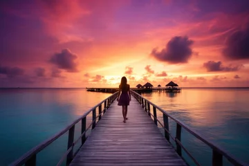 Afwasbaar Fotobehang Paars Wooden jetty at sunset in tropical  island with water bungalows An amazing sunset landscape Picturesque summer sunset , Ai generated