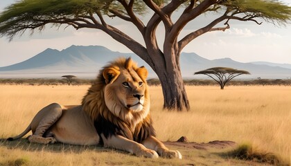 lion in the savannah - obrazy, fototapety, plakaty
