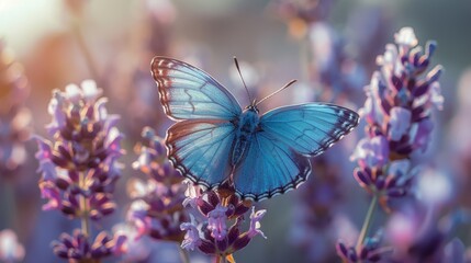 Naklejka premium Blue butterfly on purple flowers