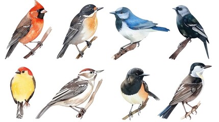 Fototapeta premium Avian Artistry: A Watercolor Collection of Forest Birds in Harmony Generative AI