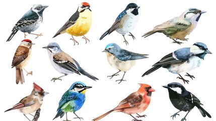 Avian Artistry: A Watercolor Collection of Forest Birds in Harmony Generative AI - obrazy, fototapety, plakaty