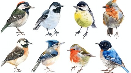 Fototapeta premium Avian Artistry: A Watercolor Collection of Forest Birds in Harmony Generative AI