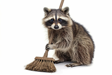 Obraz premium Cheerful raccoon tidying apartment with mini broom, isolated on white