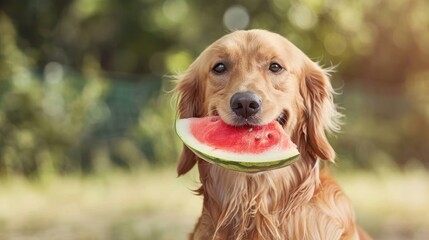 Golden Retriever Savoring a Juicy Watermelon Slice in Summer - Generative AI
