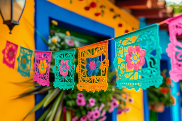 Fototapeta na wymiar Cinco de Mayo colorful traditional picado, vivid display, 