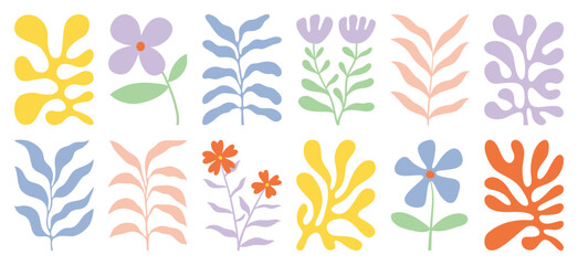 Naklejka premium Botanical doodle background vector set. Flower and leaves abstract shape doodle art design for print, wallpaper, clipart, wall art for home decoration.