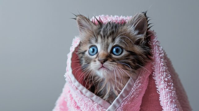 Fresh and Fluffy: Tabby Kitten Smiles After a Warm Bath Generative AI