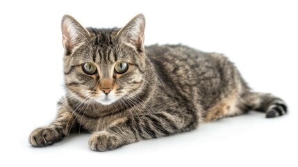 Obraz premium Poised Tabby Cat Sitting Elegantly Against a Pure White Backdrop Generative AI
