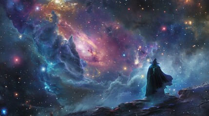 Mystical sorcerer gazing at a cosmic nebula - obrazy, fototapety, plakaty
