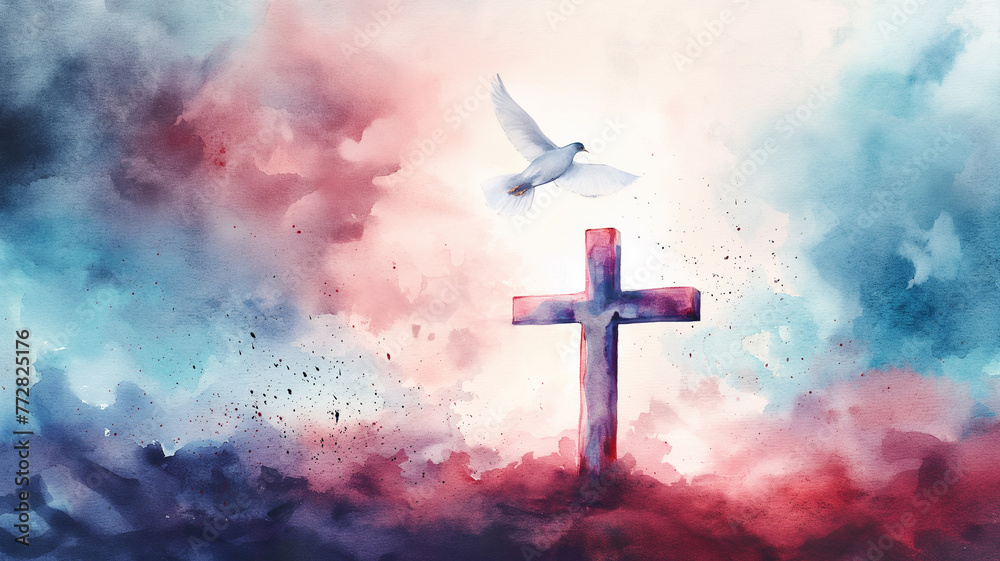 Poster a painting of a cross with a white bird flying over it