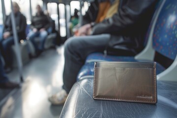 wallet on bus seat with people around - obrazy, fototapety, plakaty