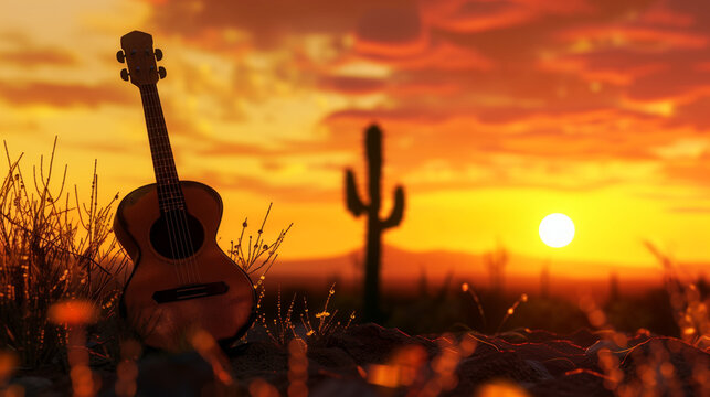 Cinco de Mayo themed landscape with prominent guitar silhouette