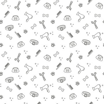 Background for grooming salon and pet shop, t-shirt, web page, fabrics. Seamless pattern paw, bone, scissors, bowl, collar, hair dryer.