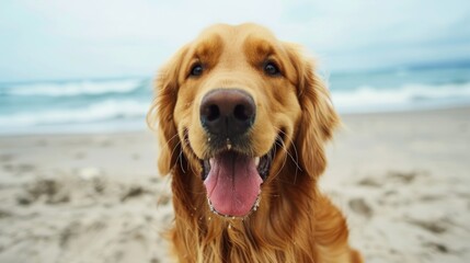 Golden Retriever Relishes Seashore Serenity as Sun Sets - Generative AI