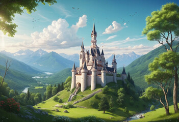cartoon scene with fairy tale castle in the forest - illustration for children colorful background